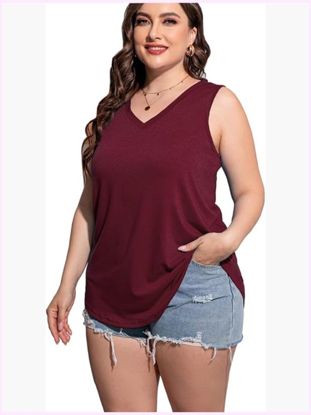 Plus Size Sleeveless V-Neck Tank Top Loose Fit Cotton Blend Summer Basic Tee